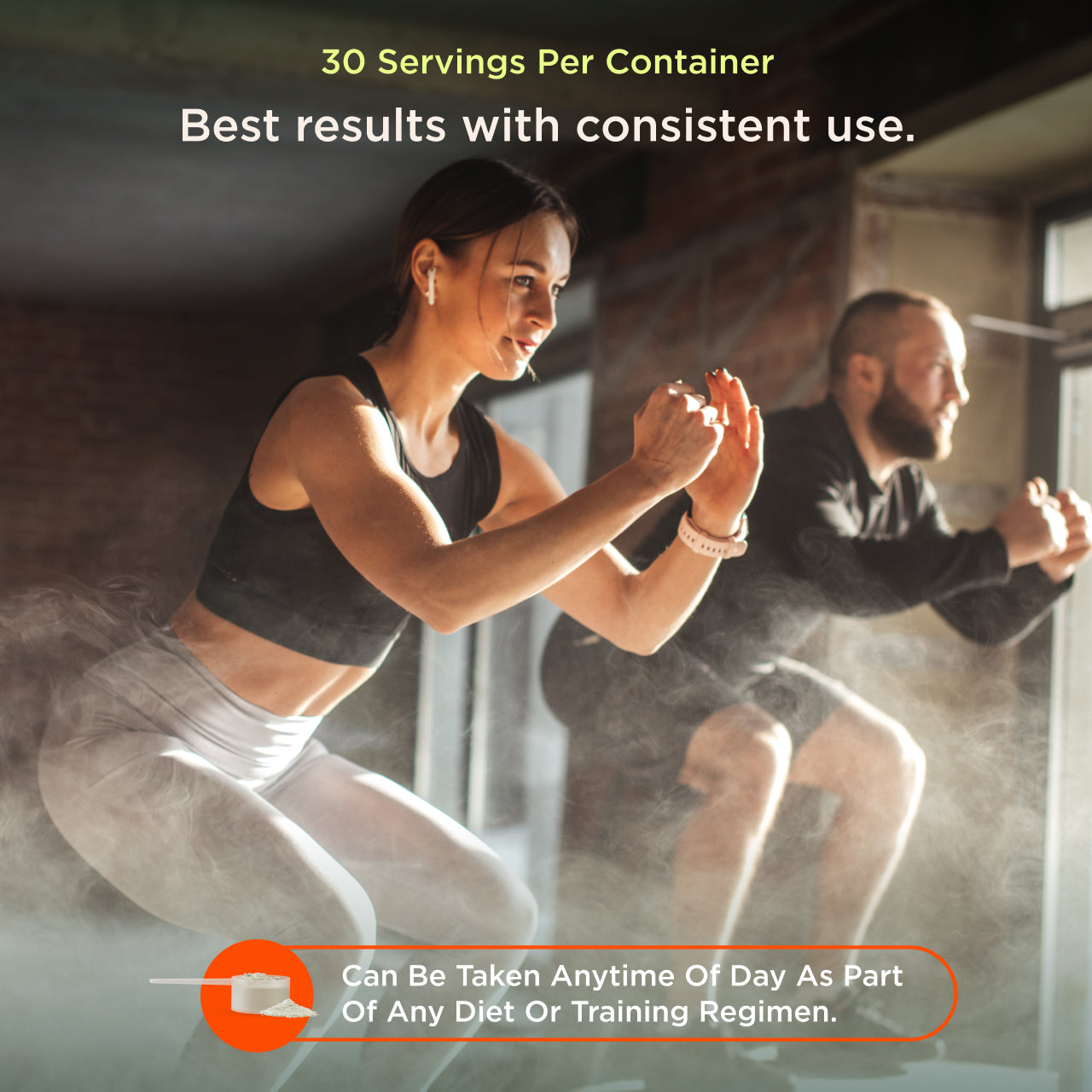 Two people exercising in a gym setting with text about product servings and usage.