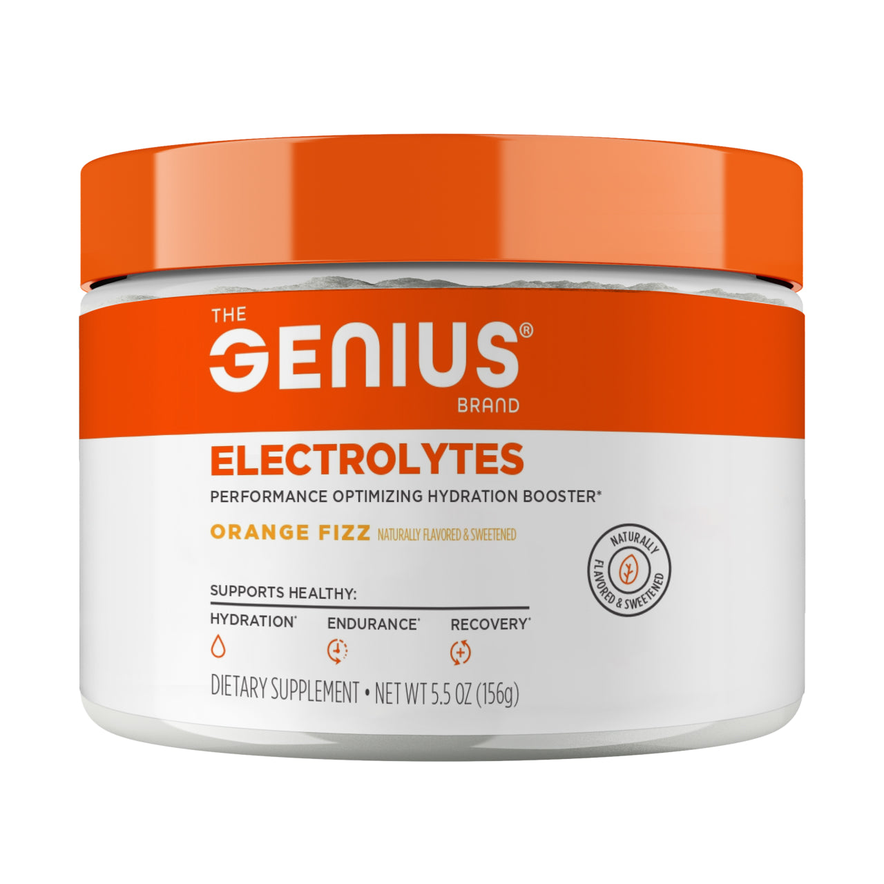 Jar of 'The GENIUS Brand' electrolytes with orange and white design on a white background