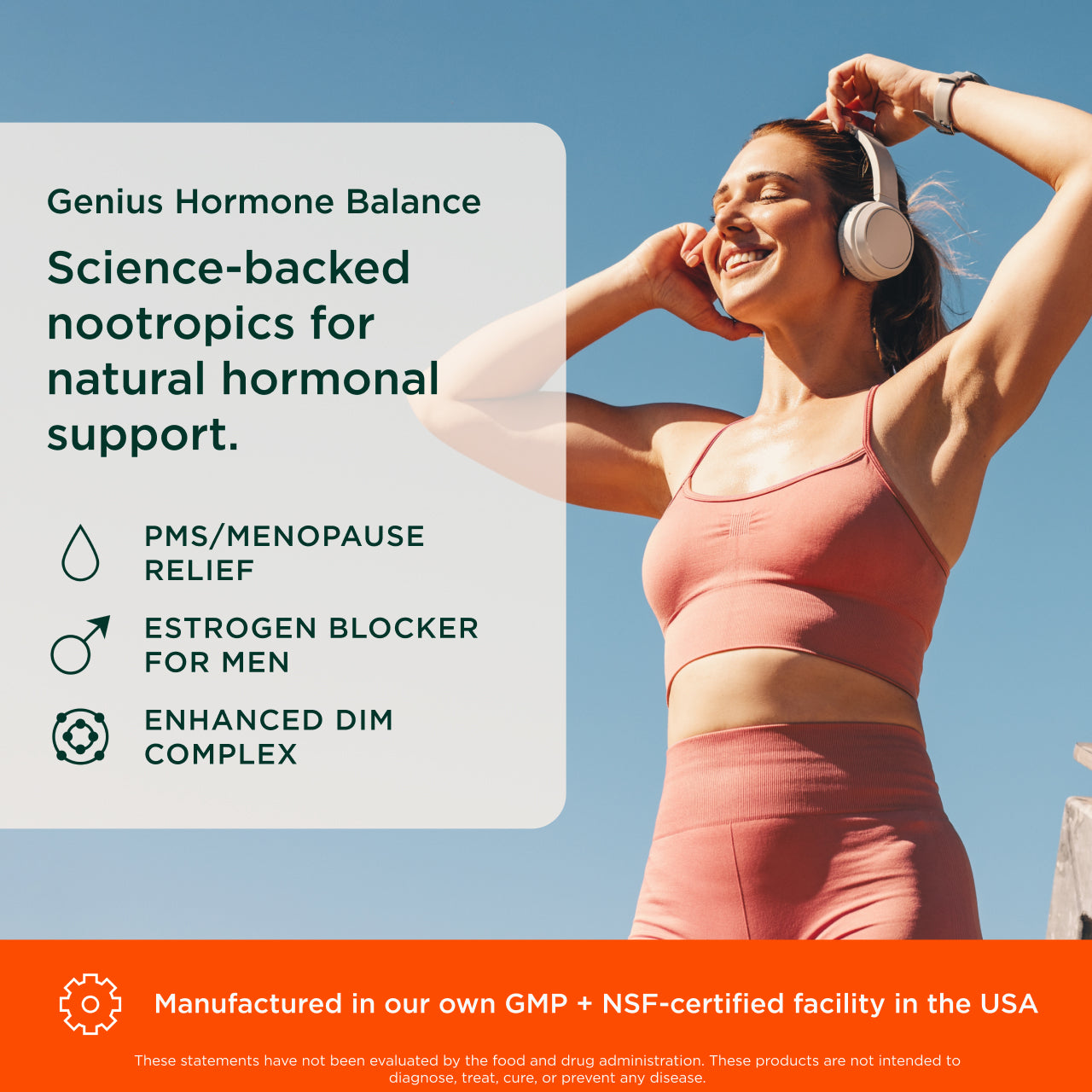 Woman exercising outdoors with text about hormone balance supplements.
