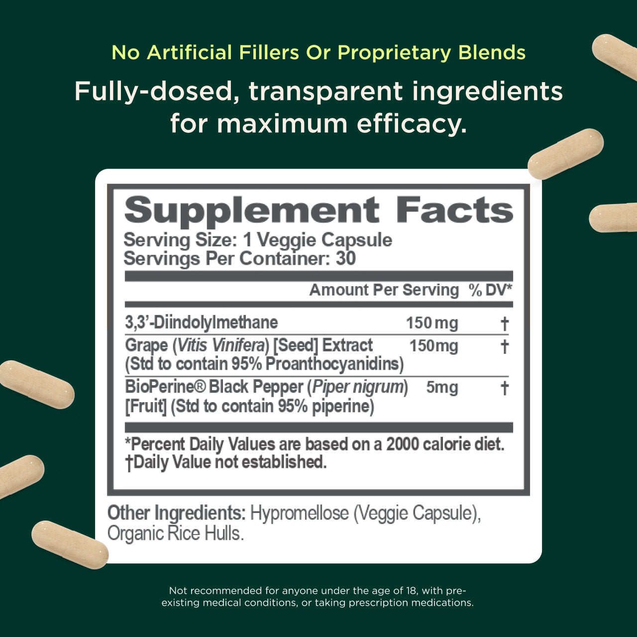 Supplement facts label with transparent ingredients on a green background