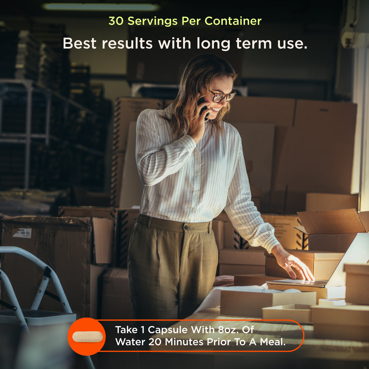 Person in a warehouse setting with boxes and a computer, surrounded by text about capsules and servings.