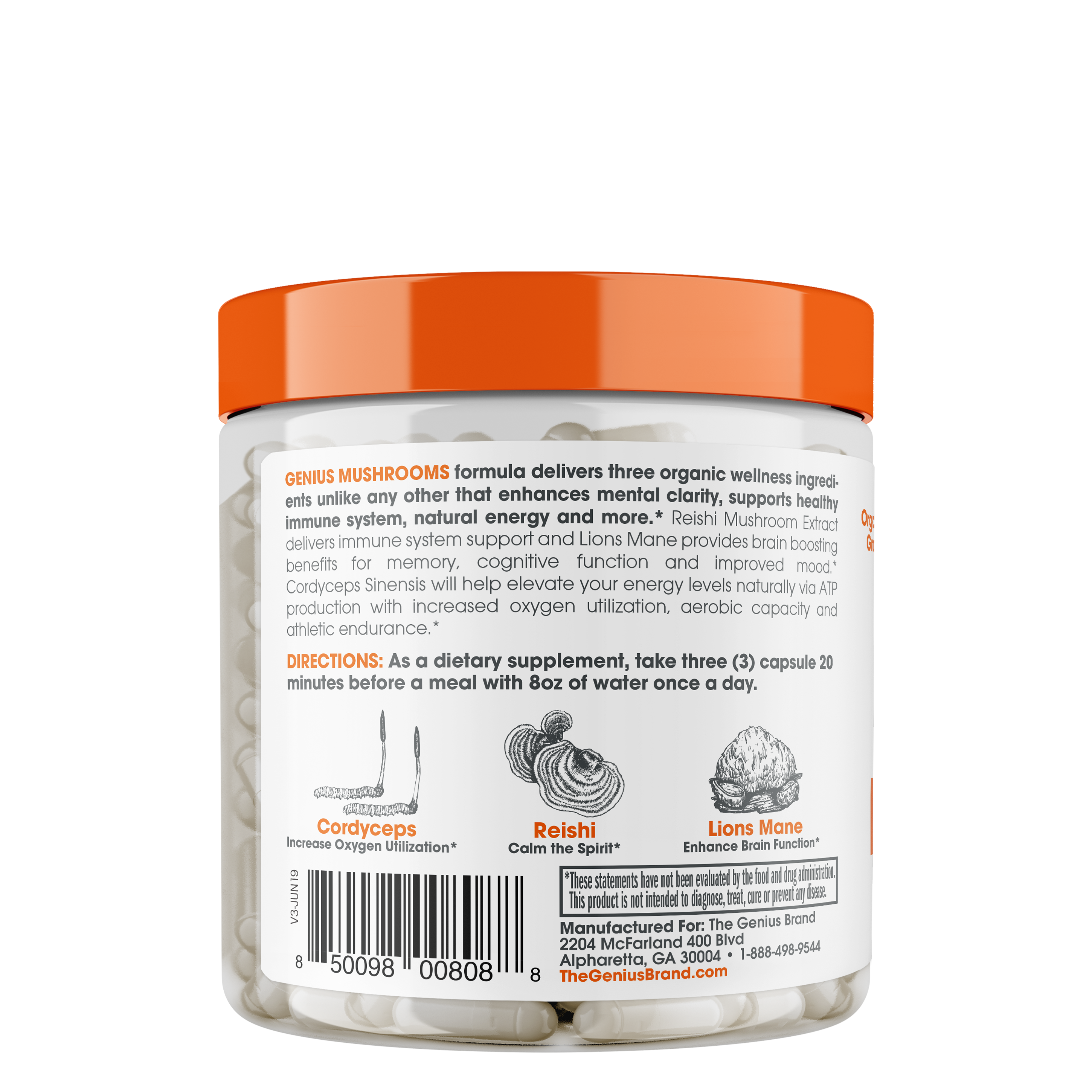 Back of Genius Mushrooms Bottle