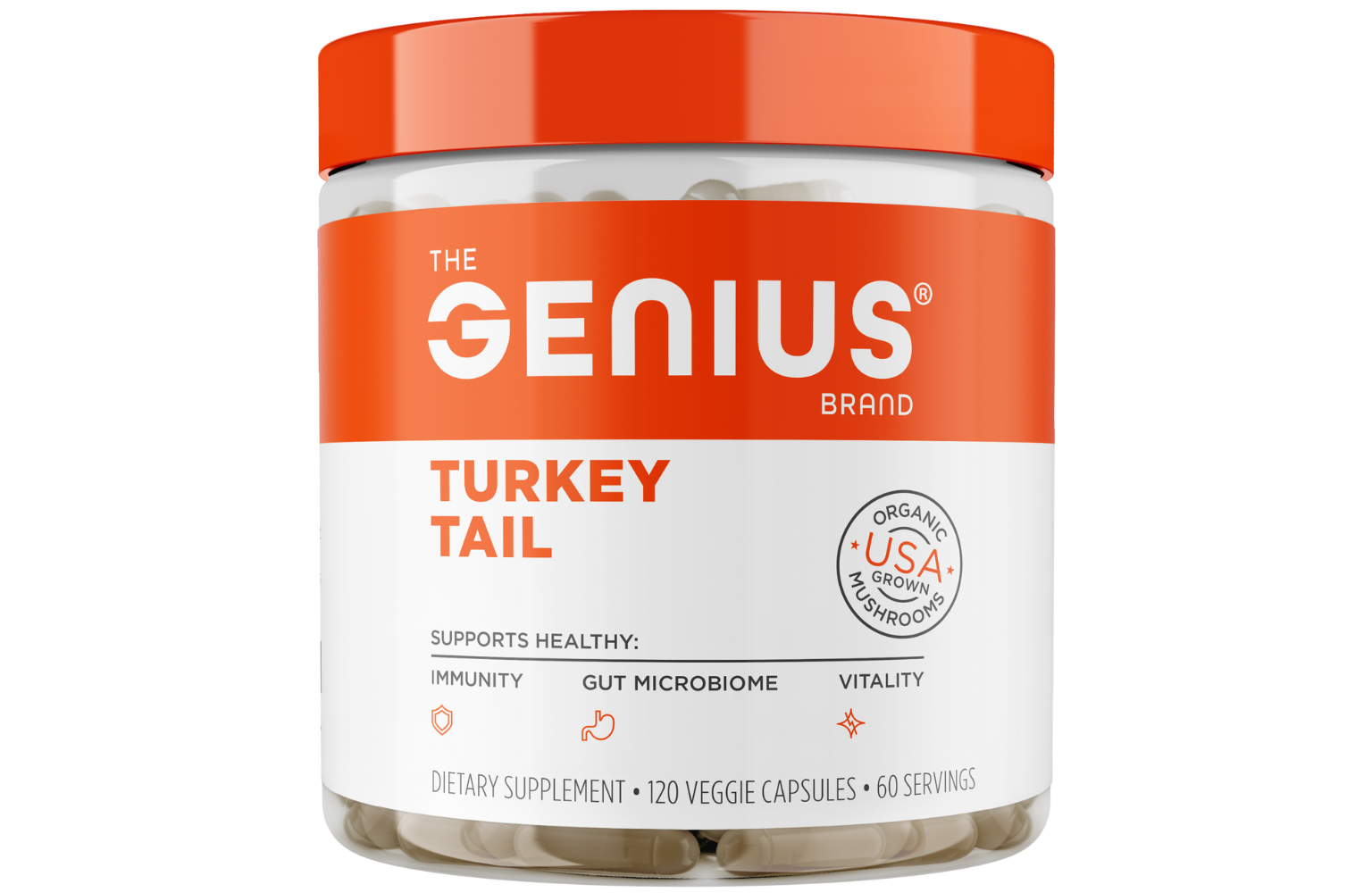 A bottle of Genius Turkey Tail supplements with orange cap and label indicating that they are organic and support healthy immunity and gut microbiome.