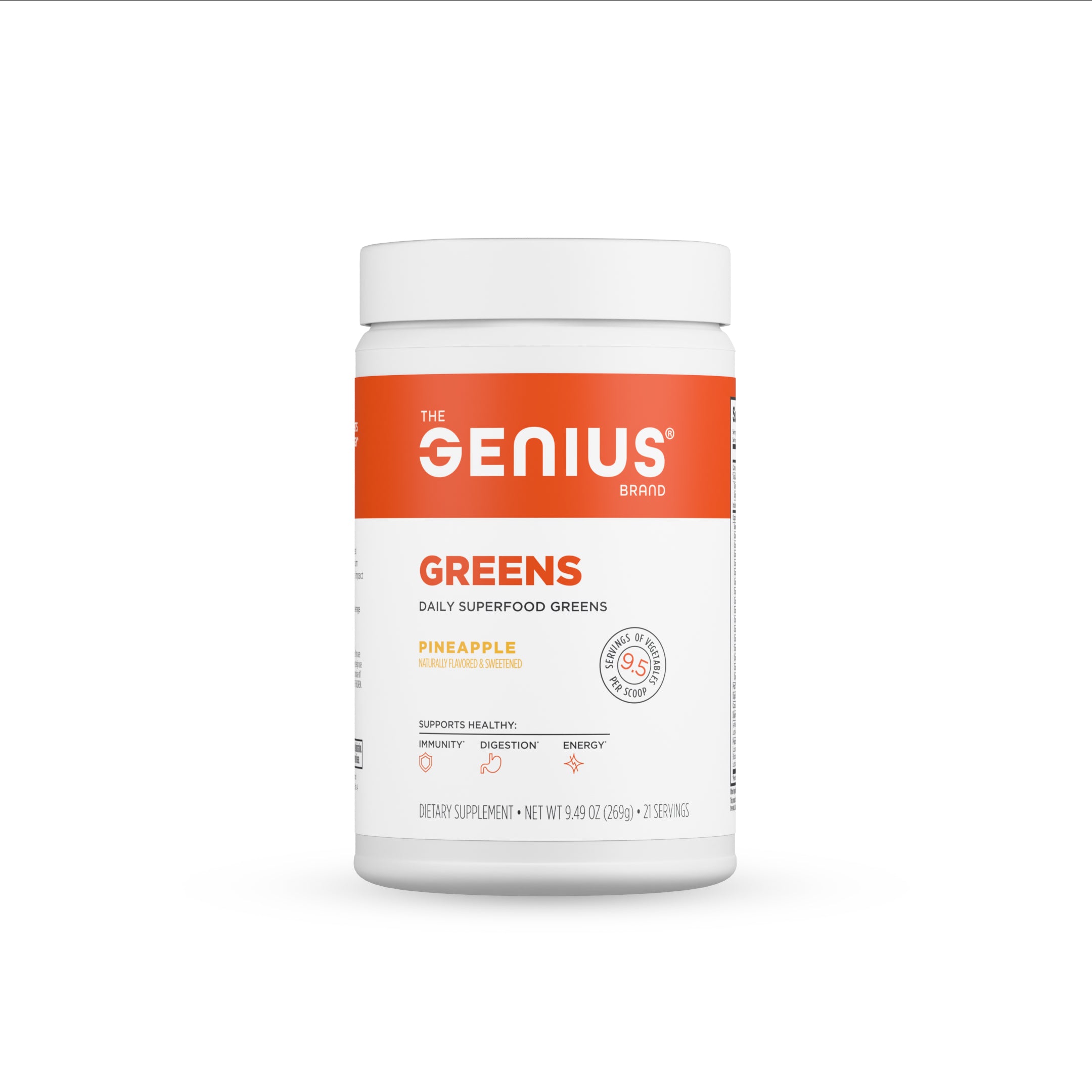 Container of 'The Genius Brand' daily superfood greens on a white background