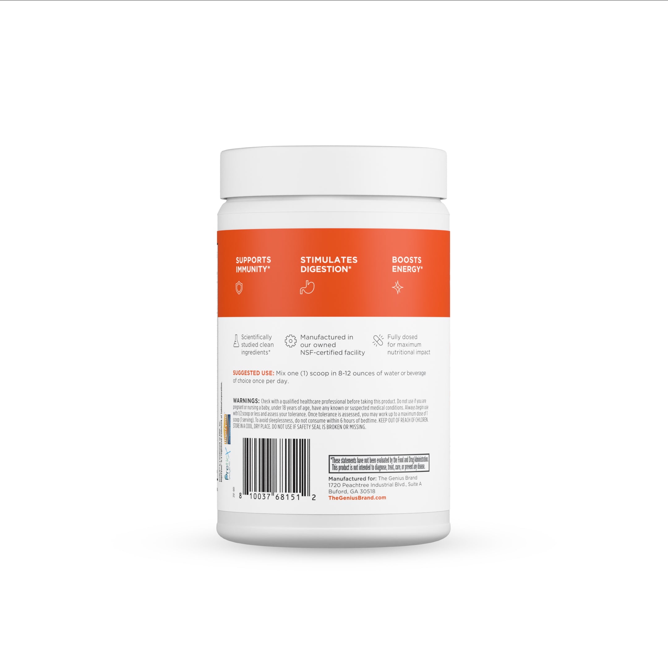 Supplement container with a white lid and orange label on a white background