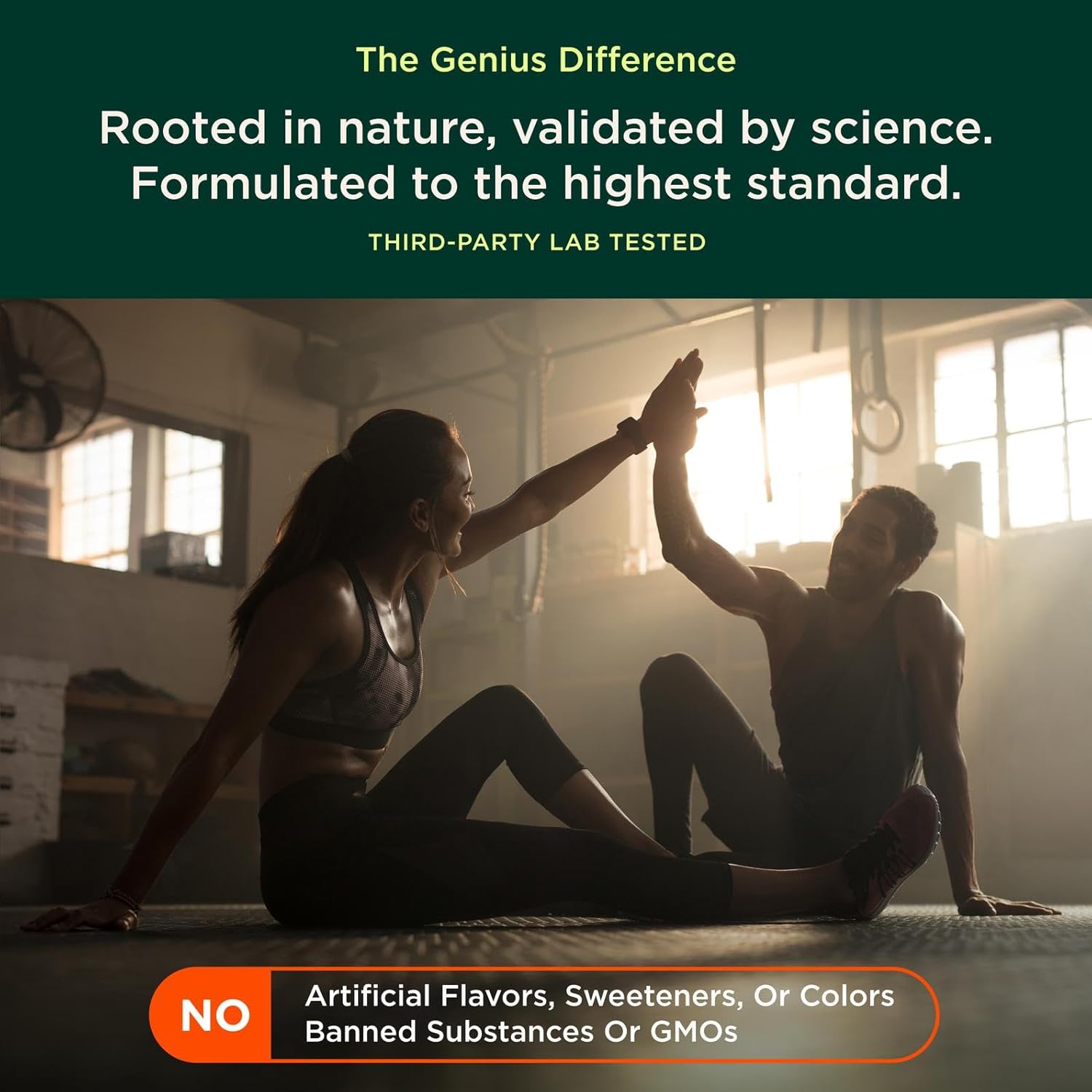 Two people high-fiving in a gym with promotional text about product quality and ingredients.