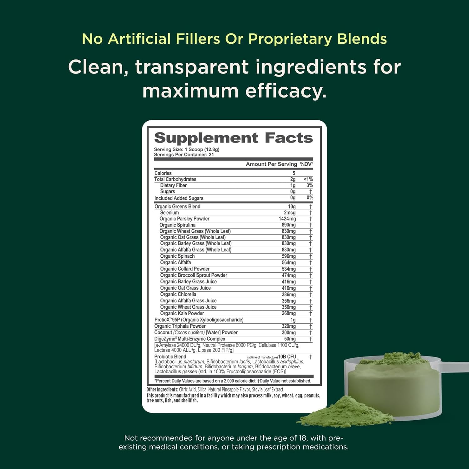 Supplement facts label with green powder on a dark green background