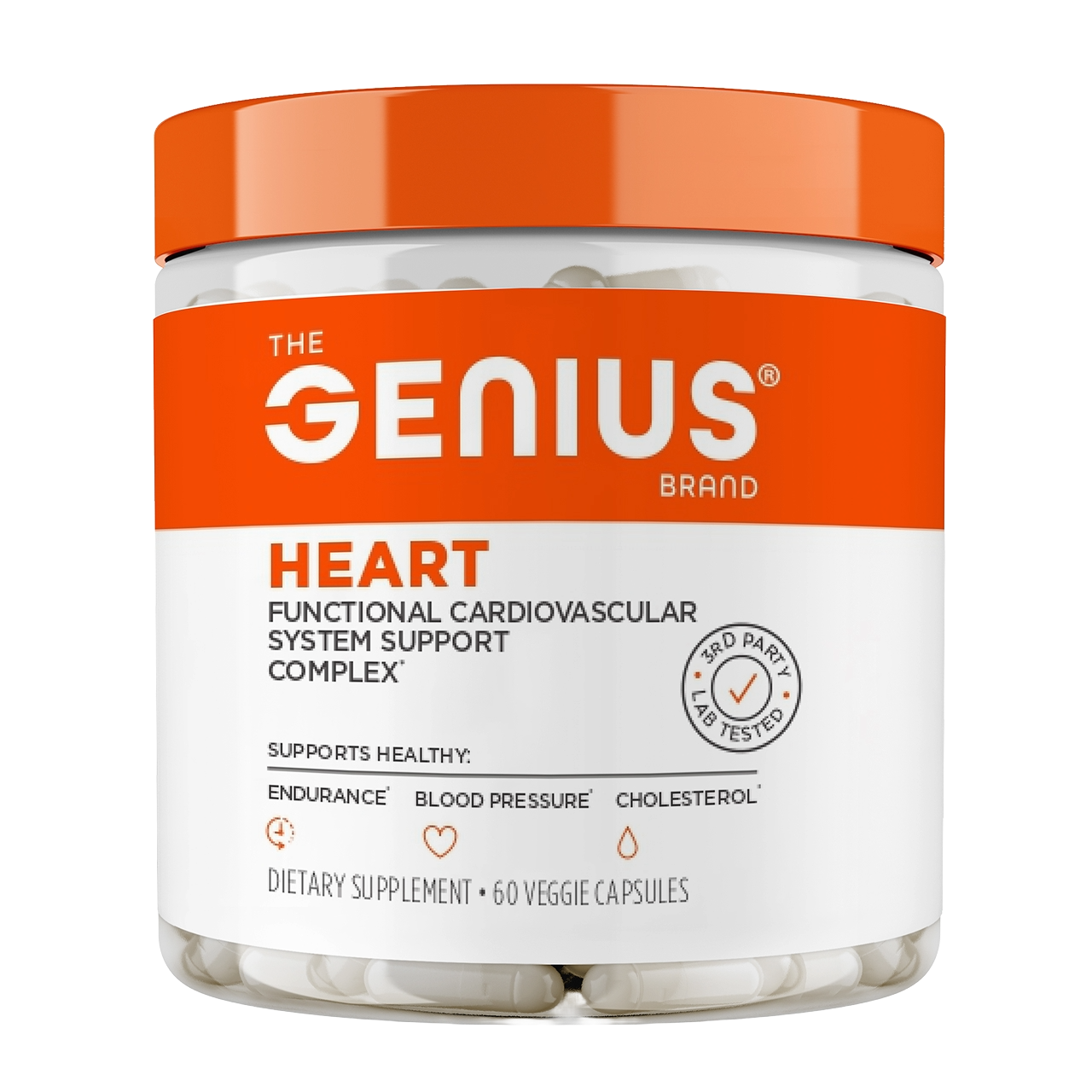 Supplement jar labeled 'The Genius Brand' for heart health support on a white background