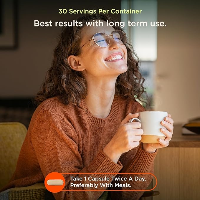 Woman holding a mug with text about capsules and servings per container.