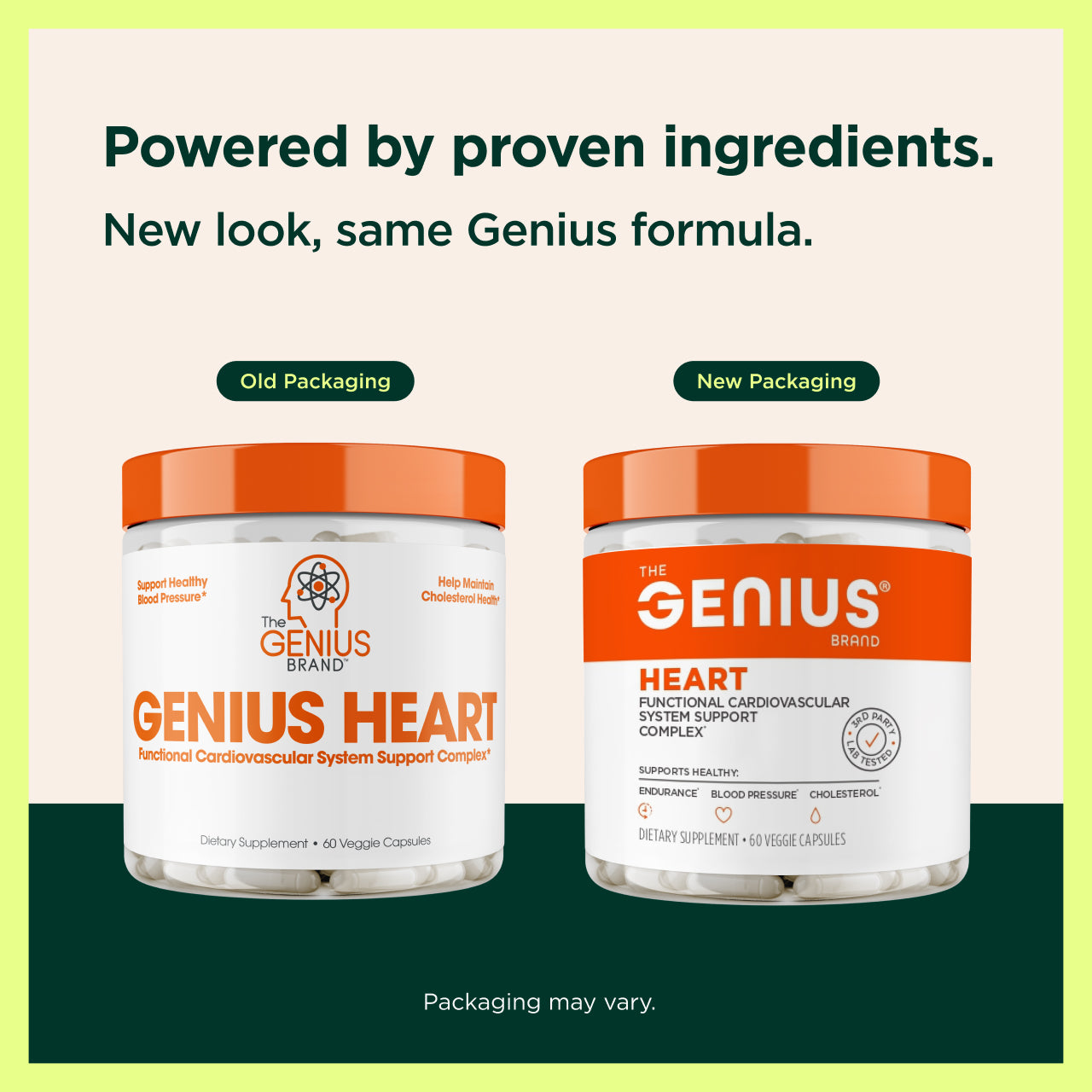 Two containers of 'Genius' brand supplement with text about proven ingredients and new packaging design.