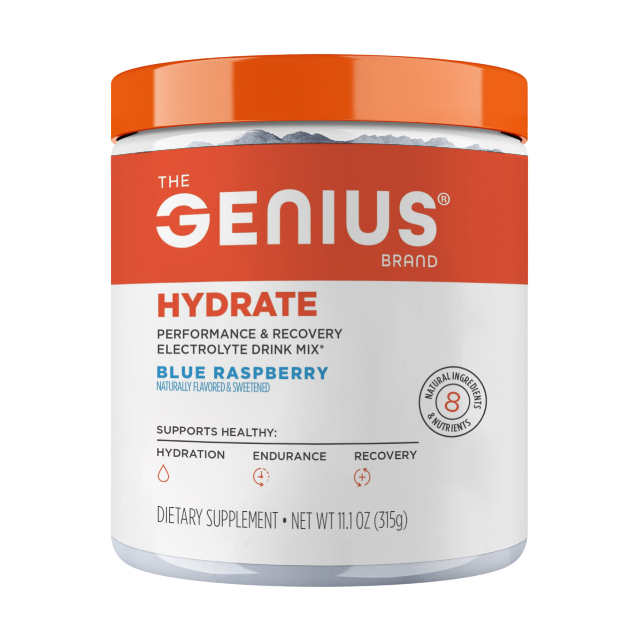Genius Brand Hydrate performance and recovery electrolyte drink mix container on a white background