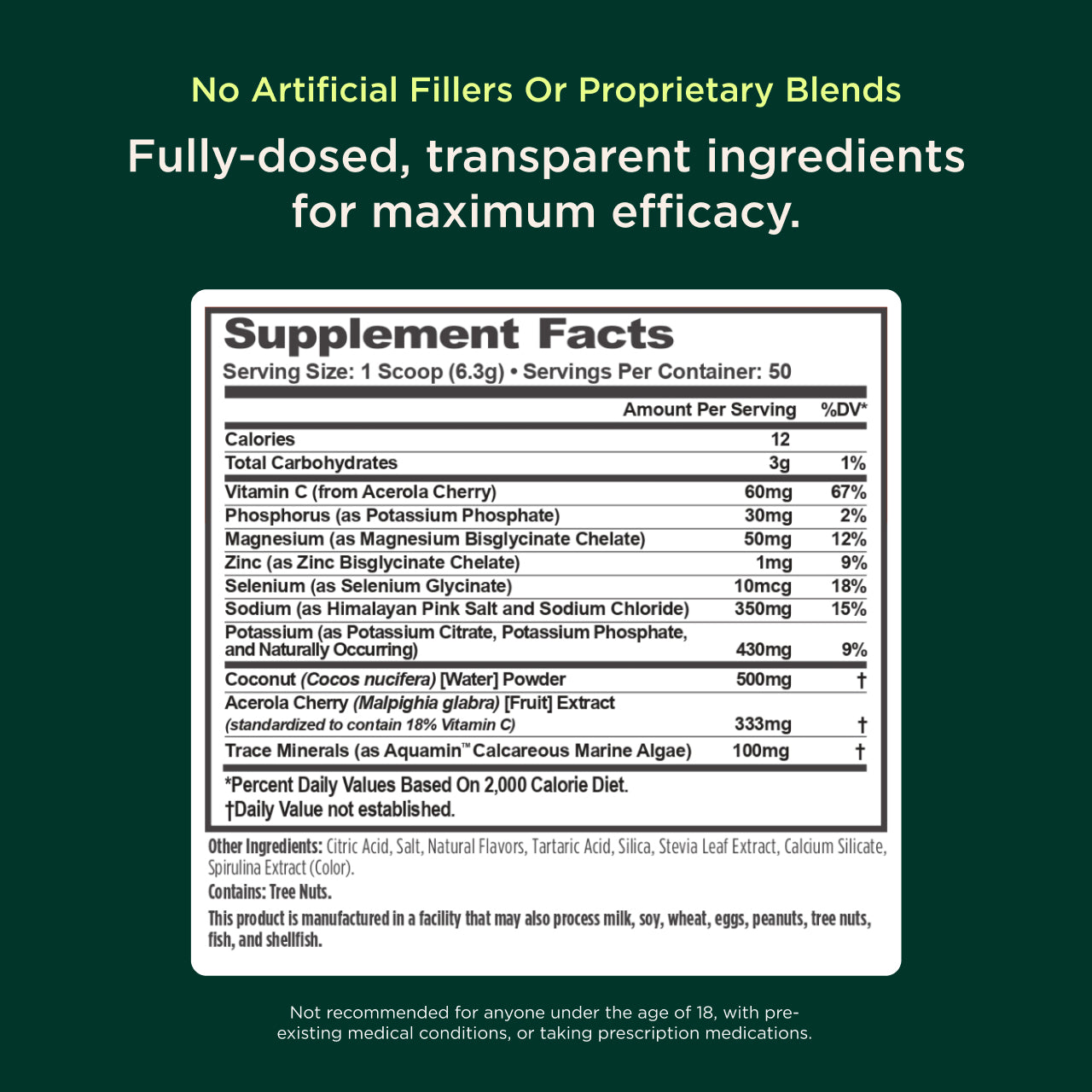 Supplement label with ingredients and nutritional information on a green background