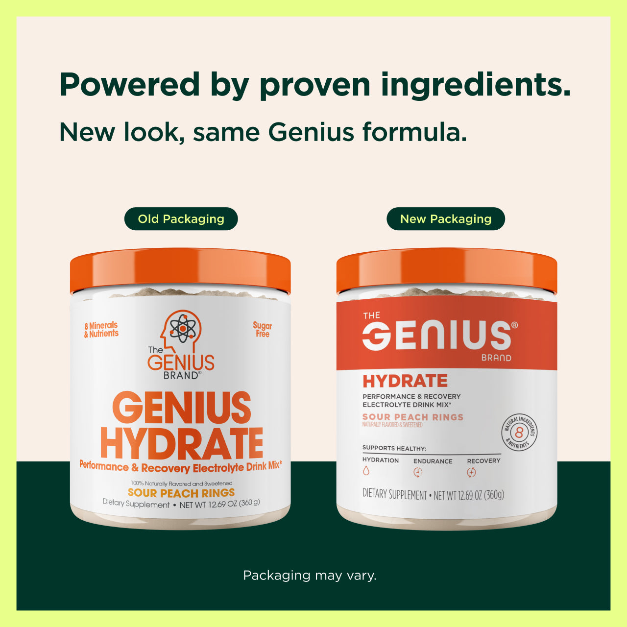Two containers of Genius Hydrate drink mix with text about proven ingredients and new packaging design.