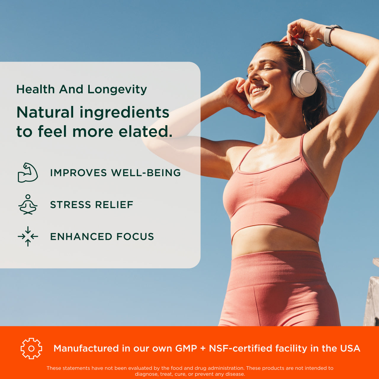 Woman exercising outdoors with text about natural ingredients for health and well-being.