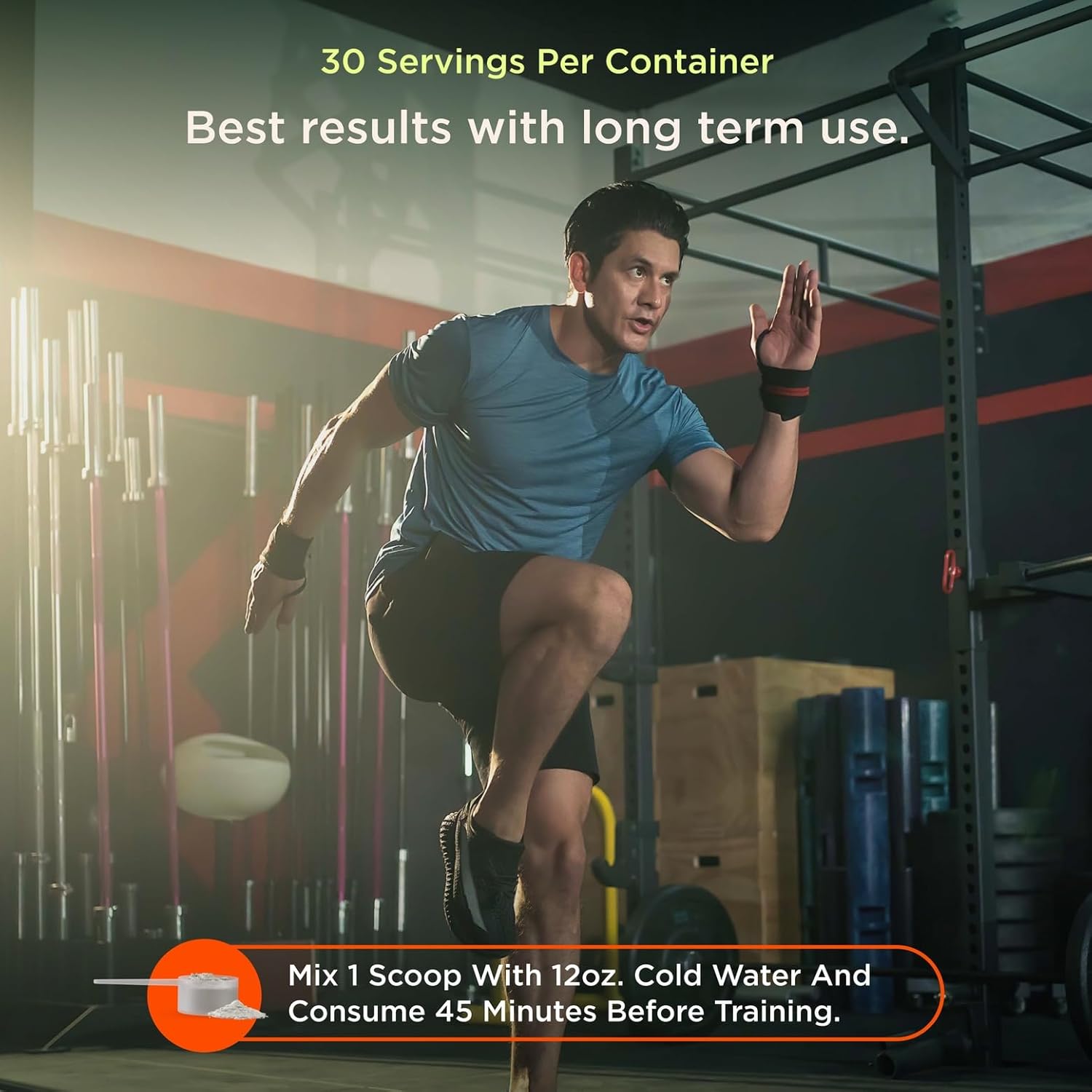 Person exercising in a gym with fitness supplement information overlay