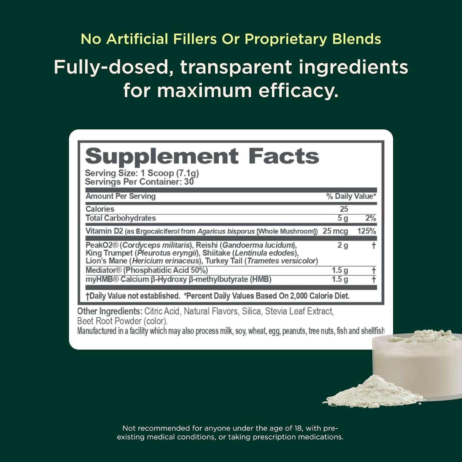 Supplement facts label with ingredients on a green background