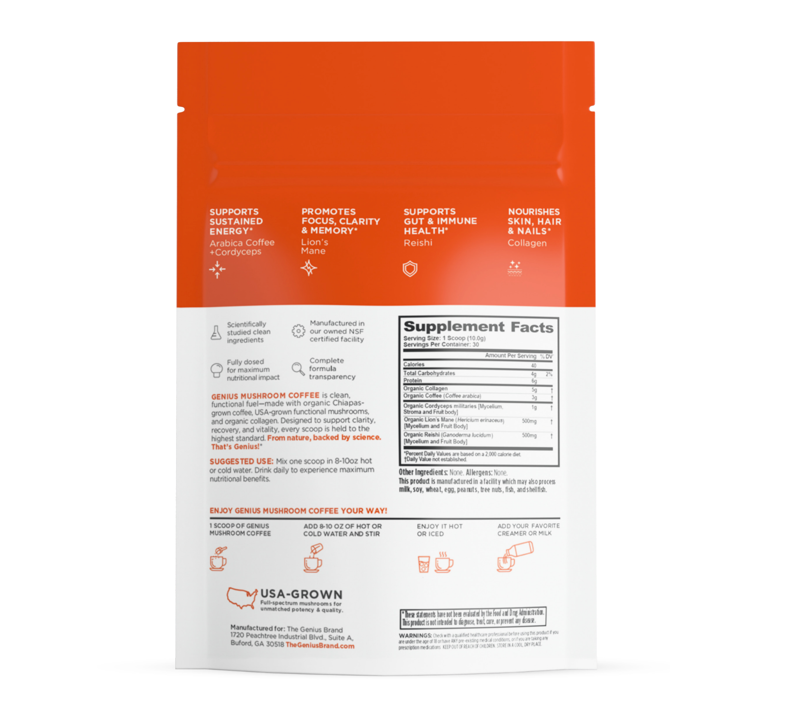 Supplement package with orange top and white bottom displaying text and graphics.