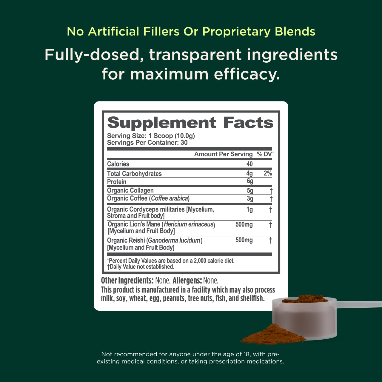 Supplement label with ingredients on a green background