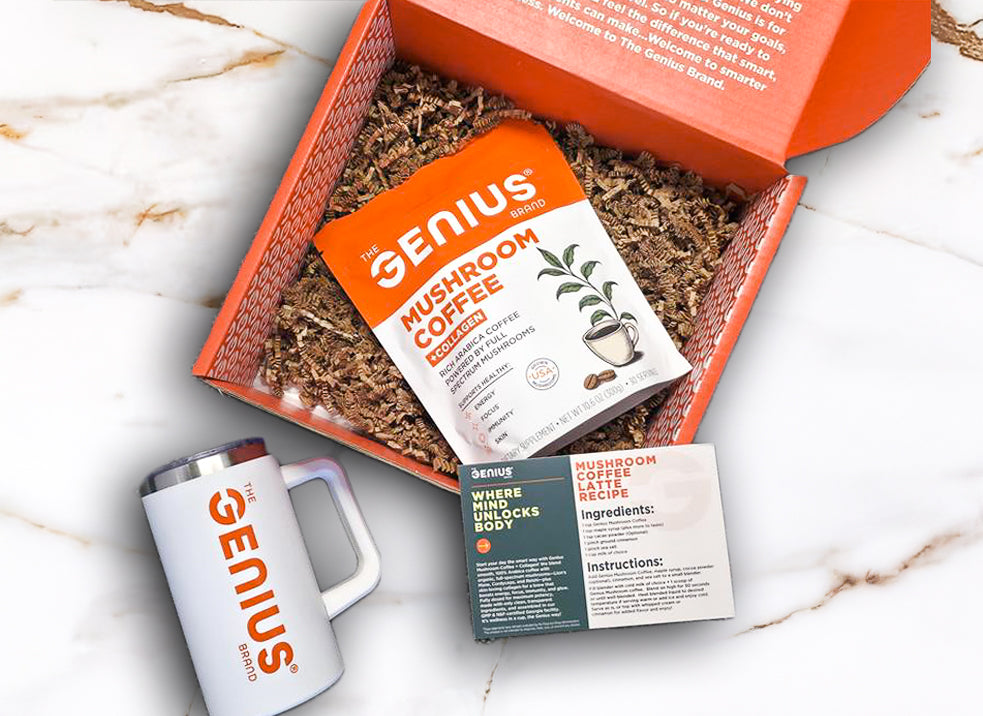 GENIUS mushroom coffee packaging with a mug on a marble surface