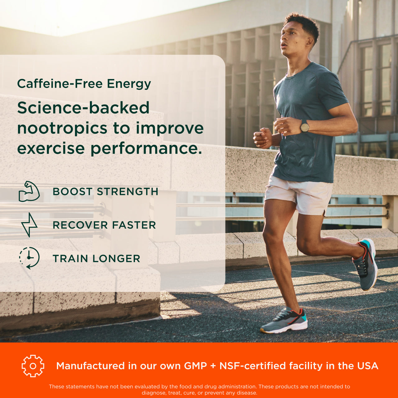 Man running outdoors with text about caffeine-free energy supplements and their benefits.