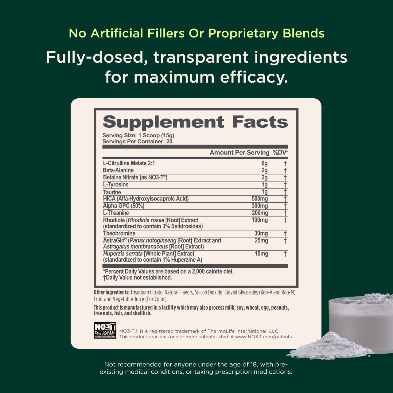 Supplement label with ingredients on a green background