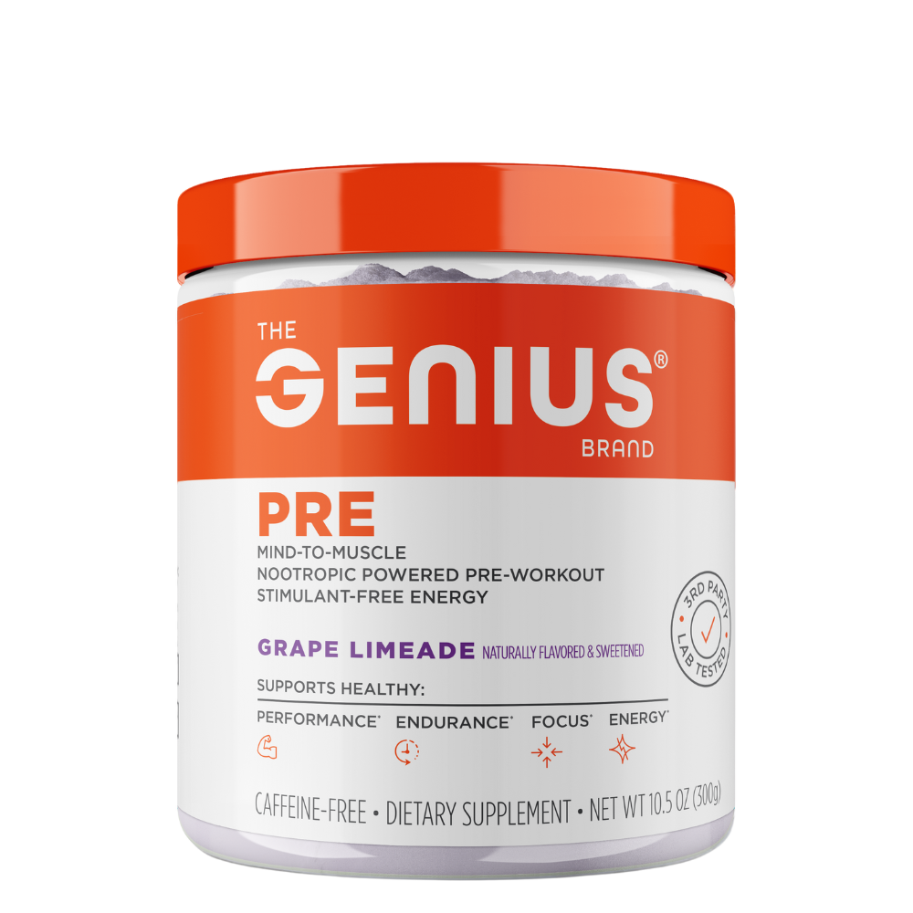 Pre-workout supplement container with orange lid and label.