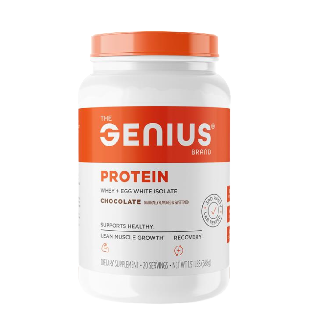 A container of GENIUS PROTEIN powder in chocolate flavor, highlighting its benefits for muscle growth and recovery.