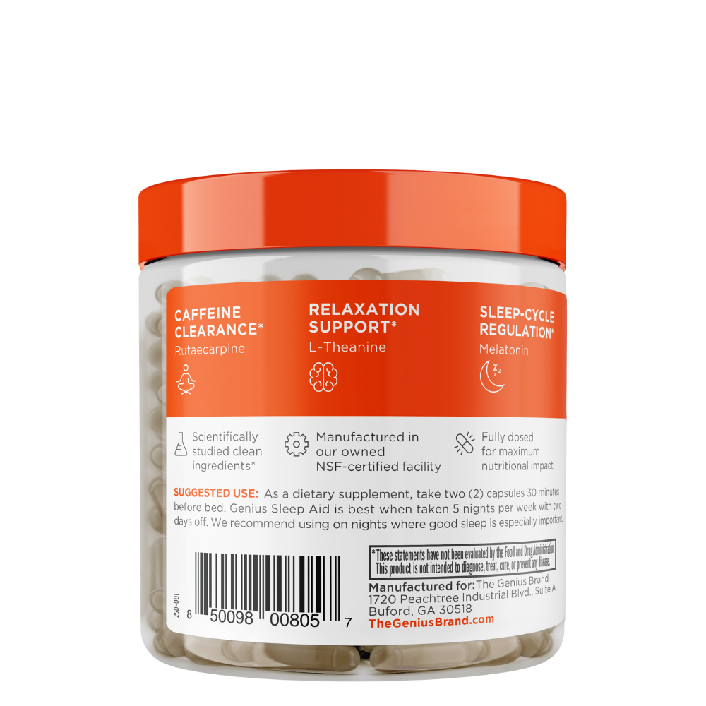 Supplement jar with red lid and detailed labeling on a white background