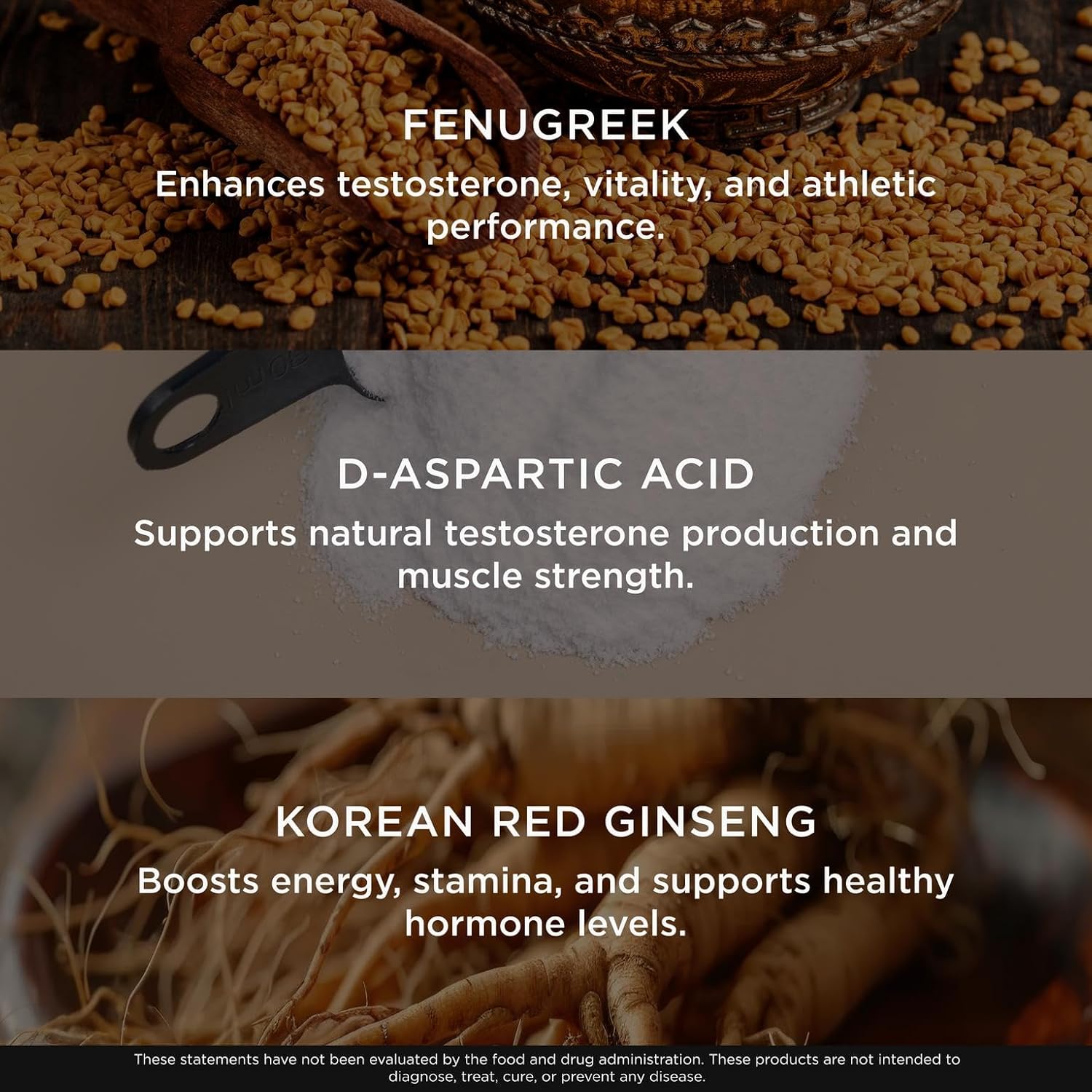 Text overlay on images of fenugreek, D-aspartic acid powder, and Korean red ginseng with their respective health benefits.