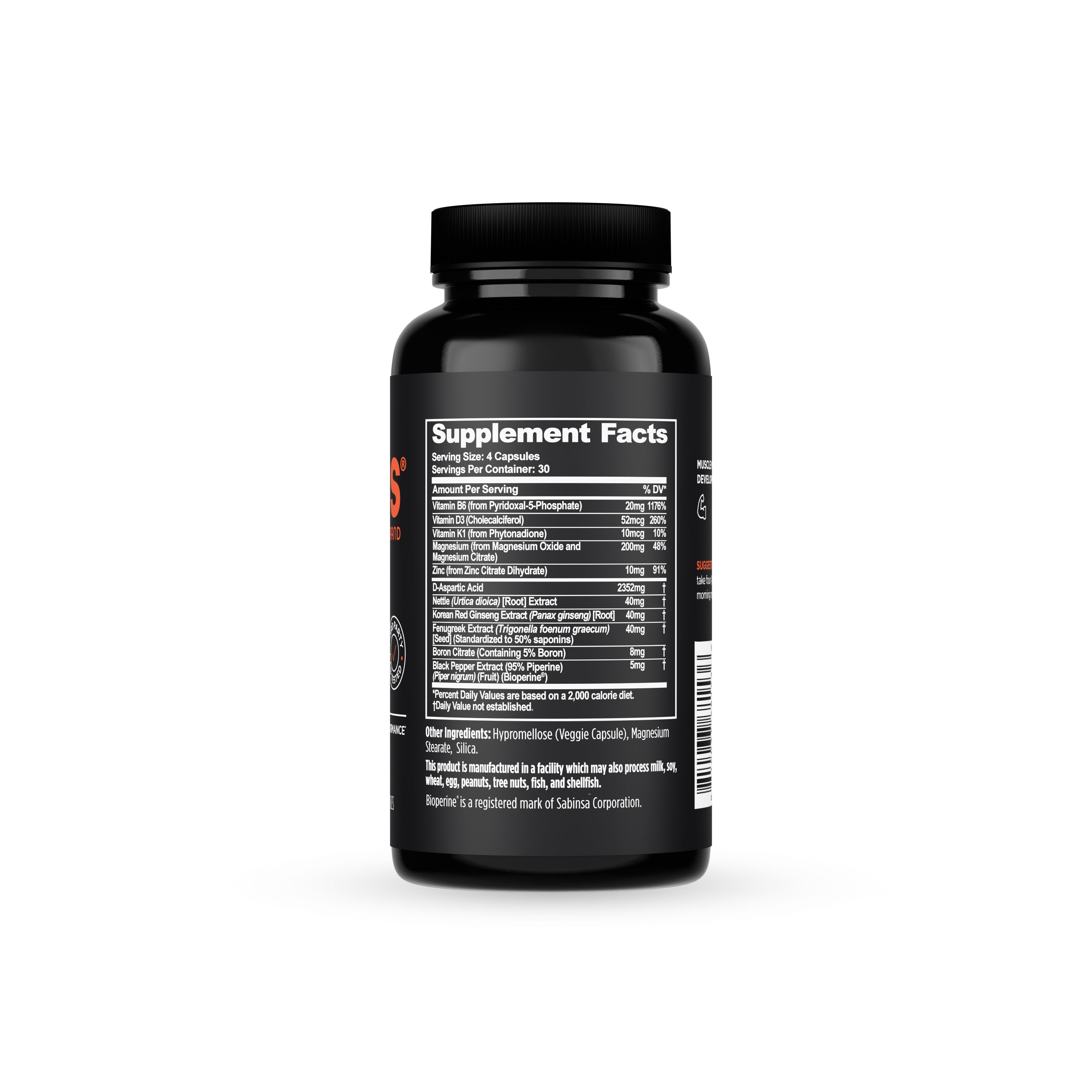 Black supplement bottle with 'Supplement Facts' label on a white background