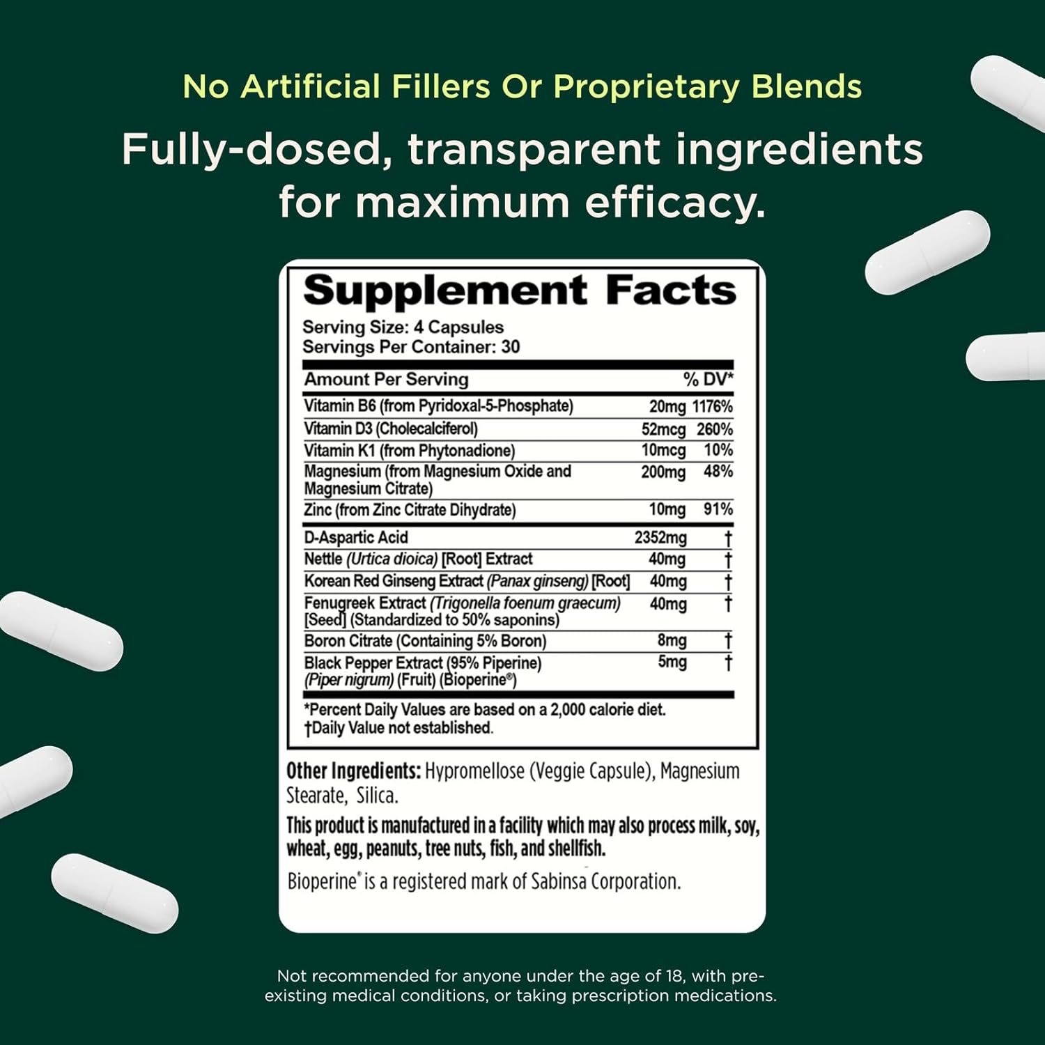 Supplement facts label with ingredients on a green background with white capsules.