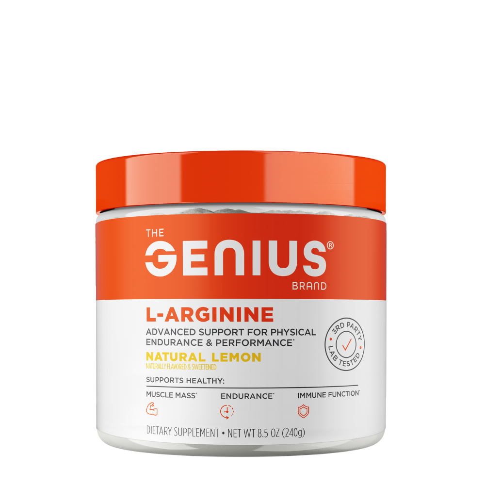 A container of Genius L-Arginine supplement with natural lemon flavor, primarily orange and white in color with branding and product information.