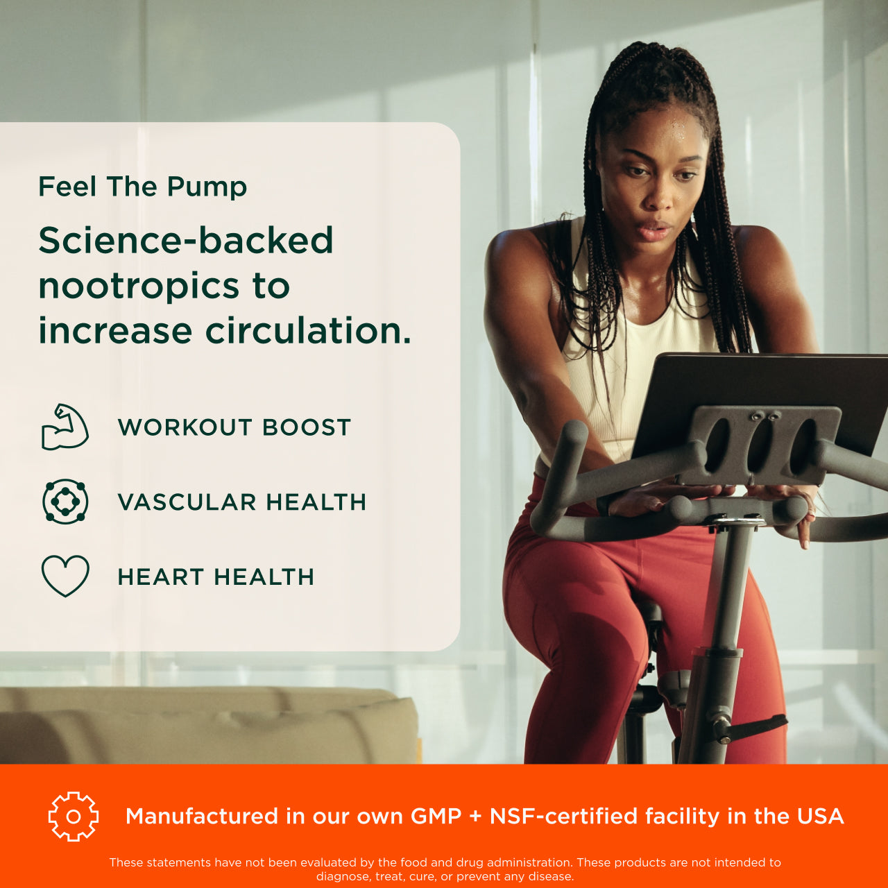 Woman exercising on a bike with text about nootropics and their benefits.