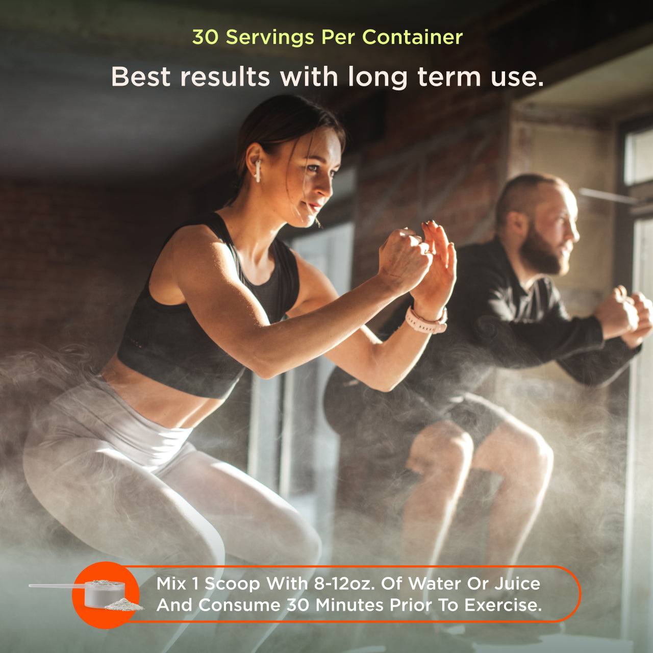 Two people exercising in a gym setting with fitness product packaging overlay.