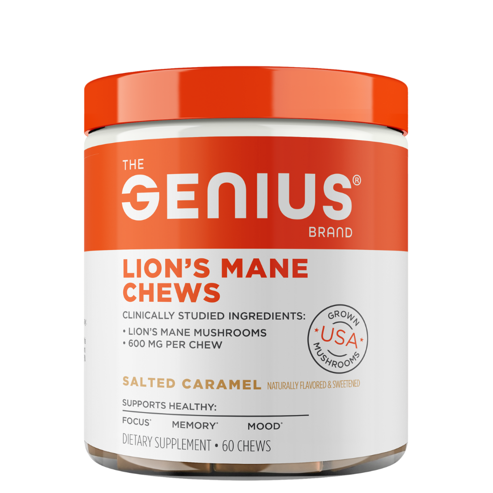 A container of Genius Lion's Mane Chews with salted caramel flavor, labeled as a dietary supplement with 60 chews inside, and made in the USA.