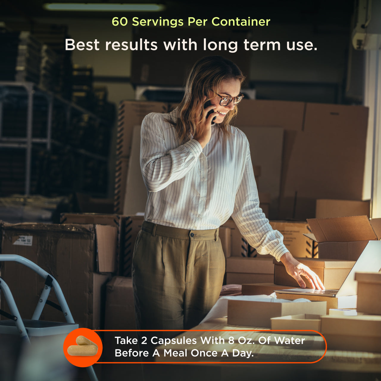 Person in a warehouse setting with text about servings per container and capsule usage.