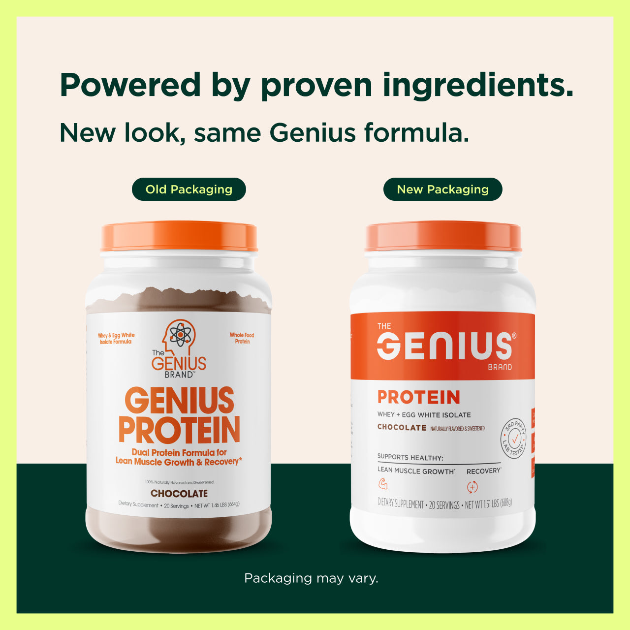 Two containers of Genius Protein with text about proven ingredients and new packaging design.