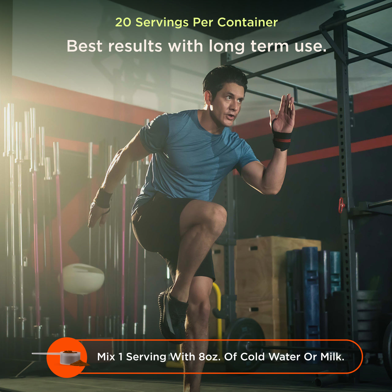 Man exercising in a gym with fitness product packaging overlay