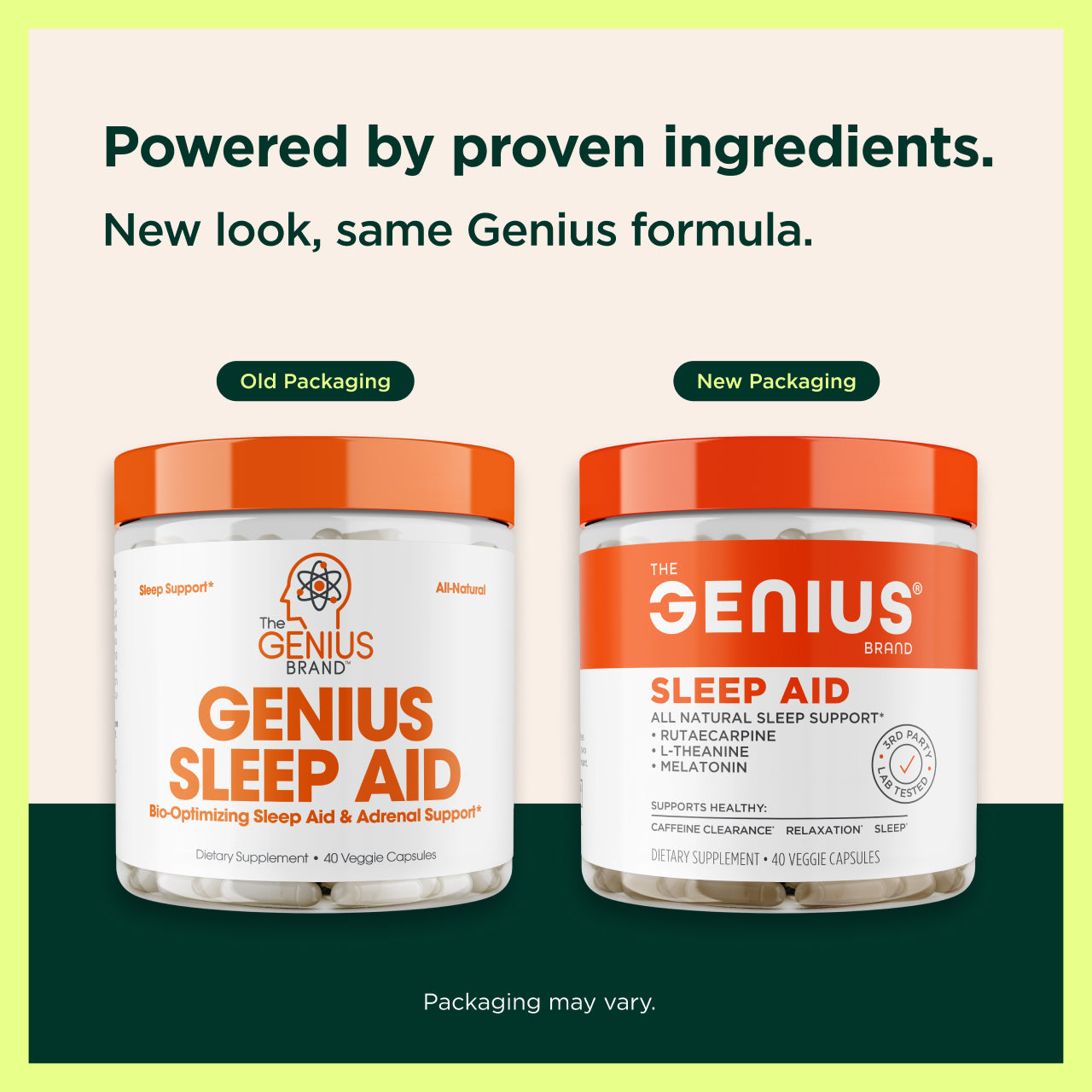Comparison of old and new packaging for Genius Sleep Aid on a green and yellow background.