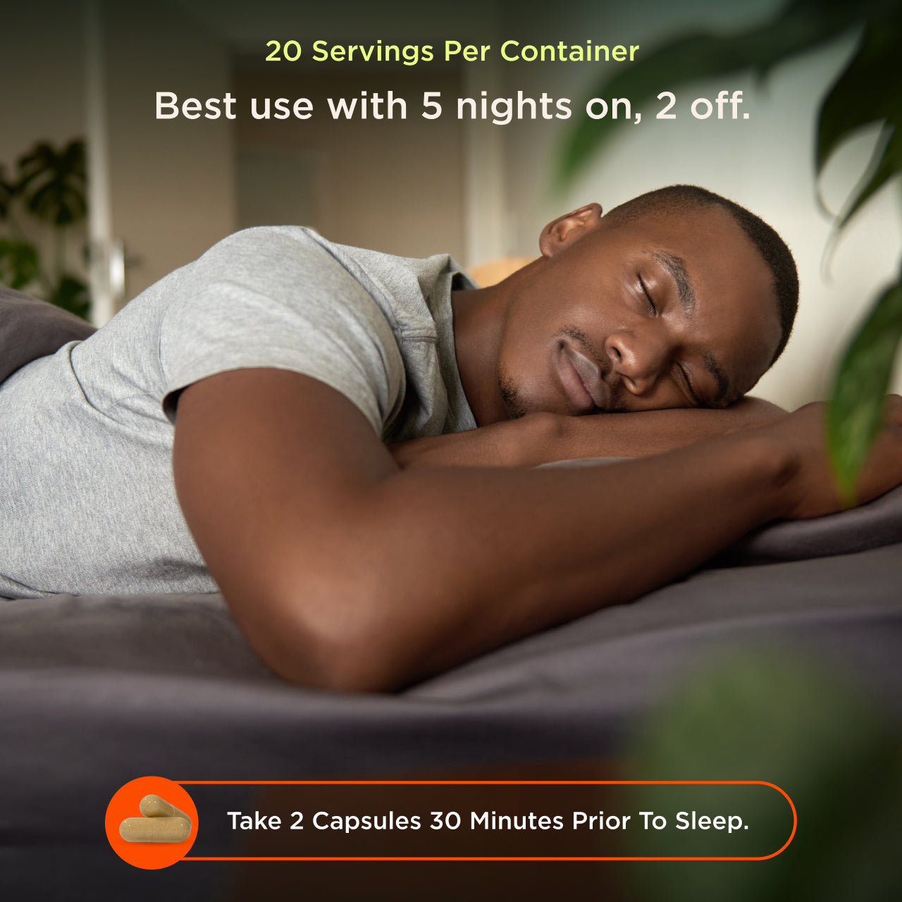 Man lying on a bed with text about capsules and sleep aid.