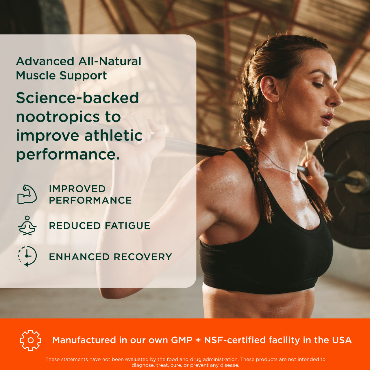 Woman lifting weights with text about advanced all-natural muscle support and nootropics.