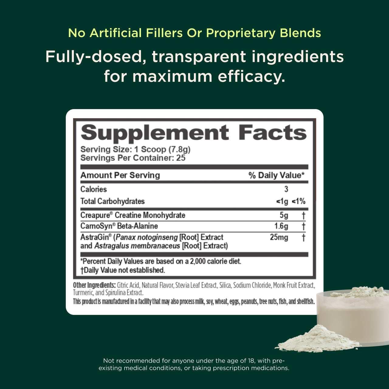 Supplement facts label with ingredients on a green background