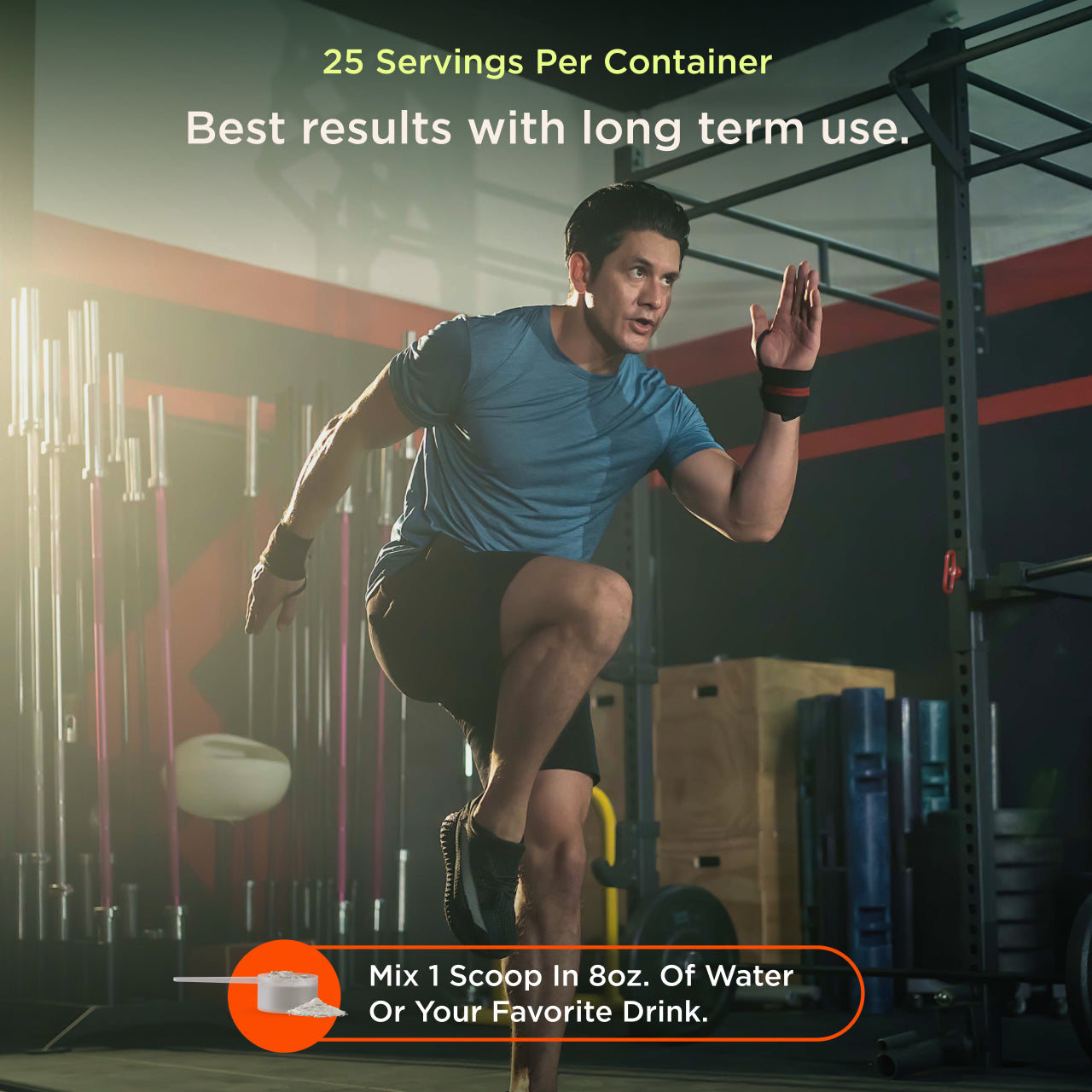 Person exercising in a gym with fitness supplement branding overlay