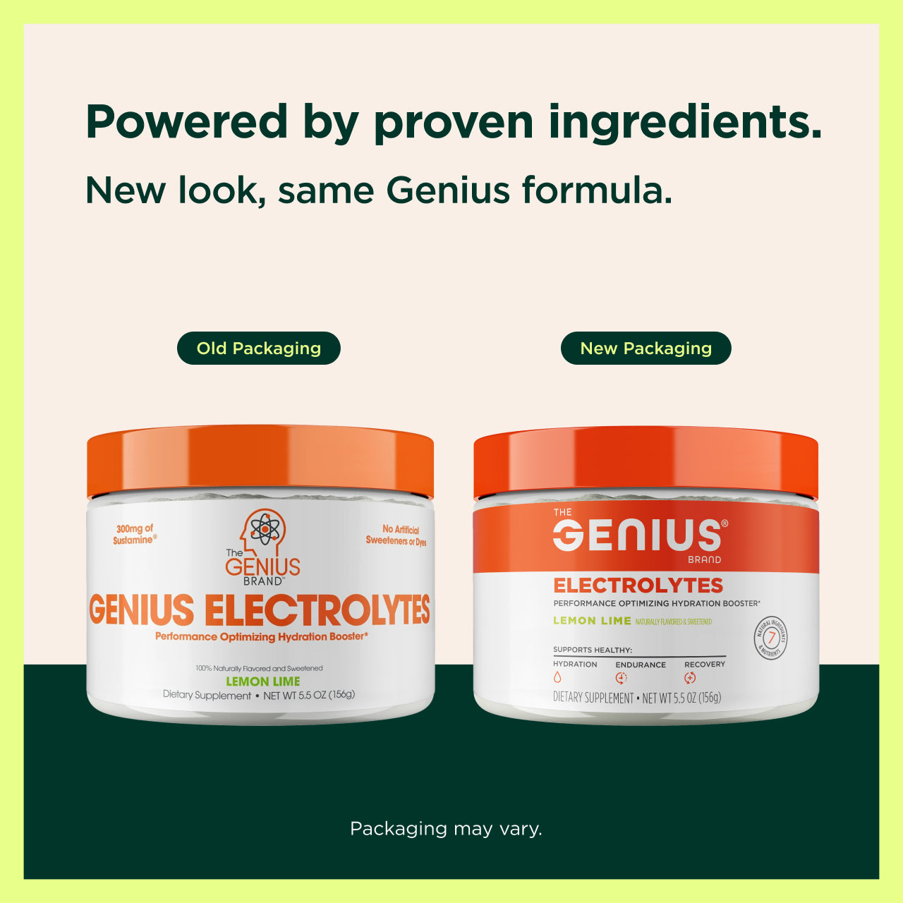 Two containers of Genius Electrolytes with text about proven ingredients and new packaging design.