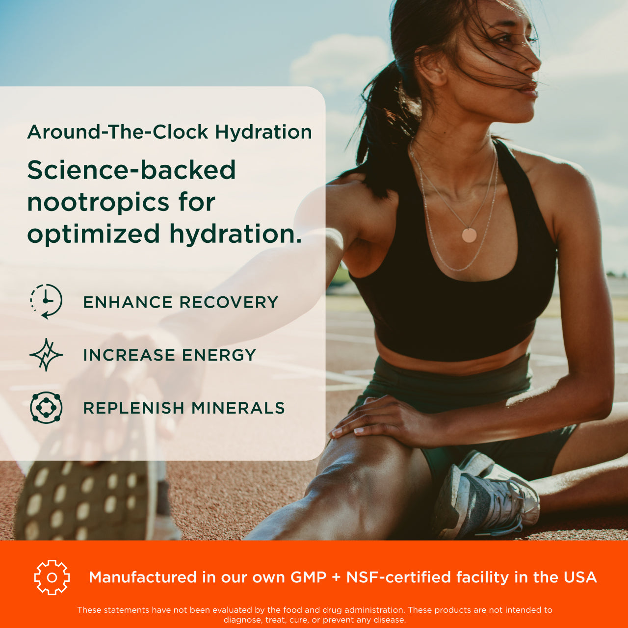 Woman in athletic wear sitting on a beach with text about nootropics for hydration.