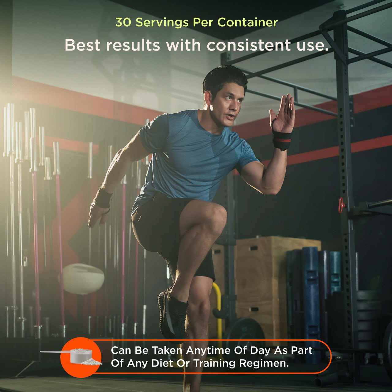 Man exercising in a gym with text about product servings and usage.
