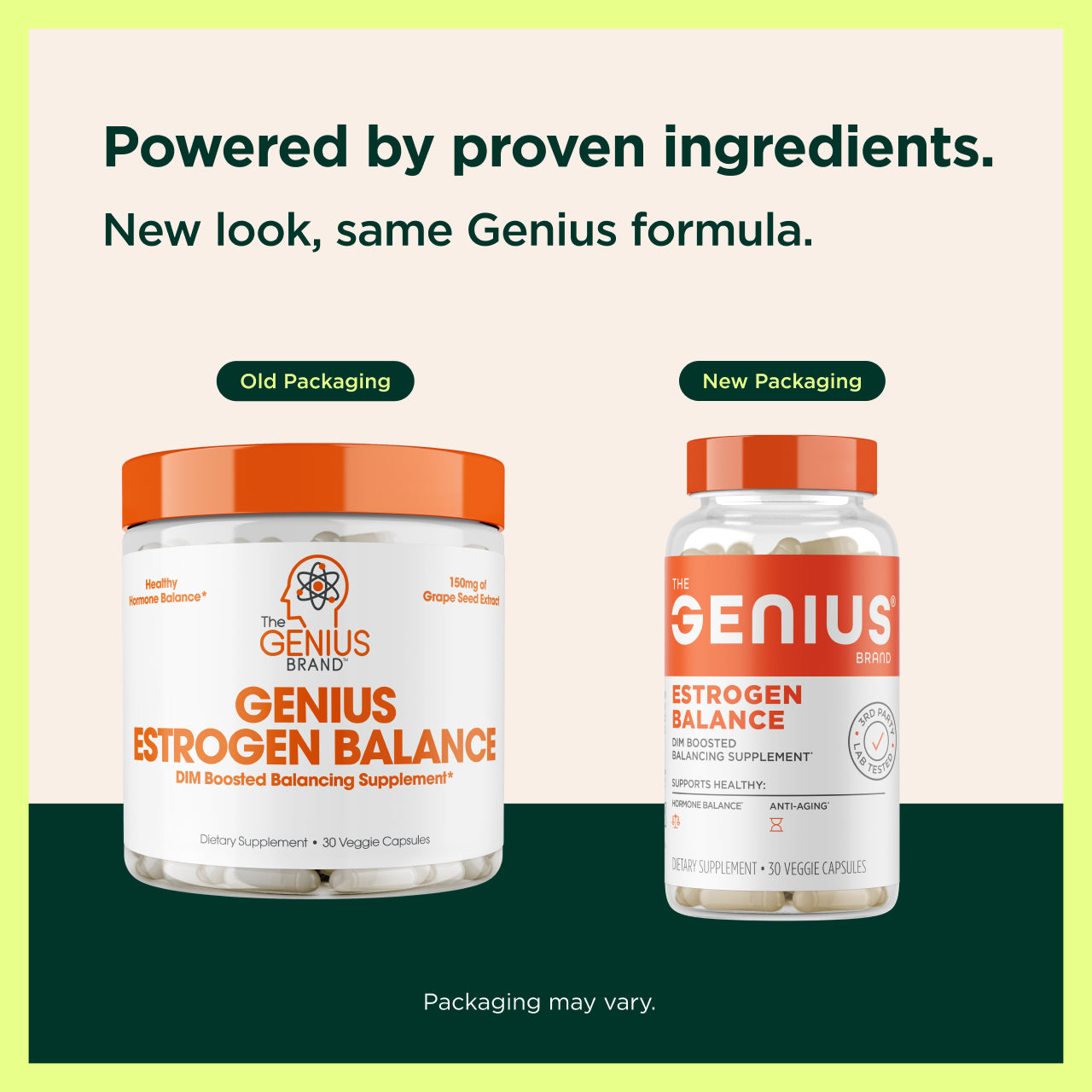 Two versions of 'The Genius Brand' Estrogen Balance supplement packaging on a green and beige background.