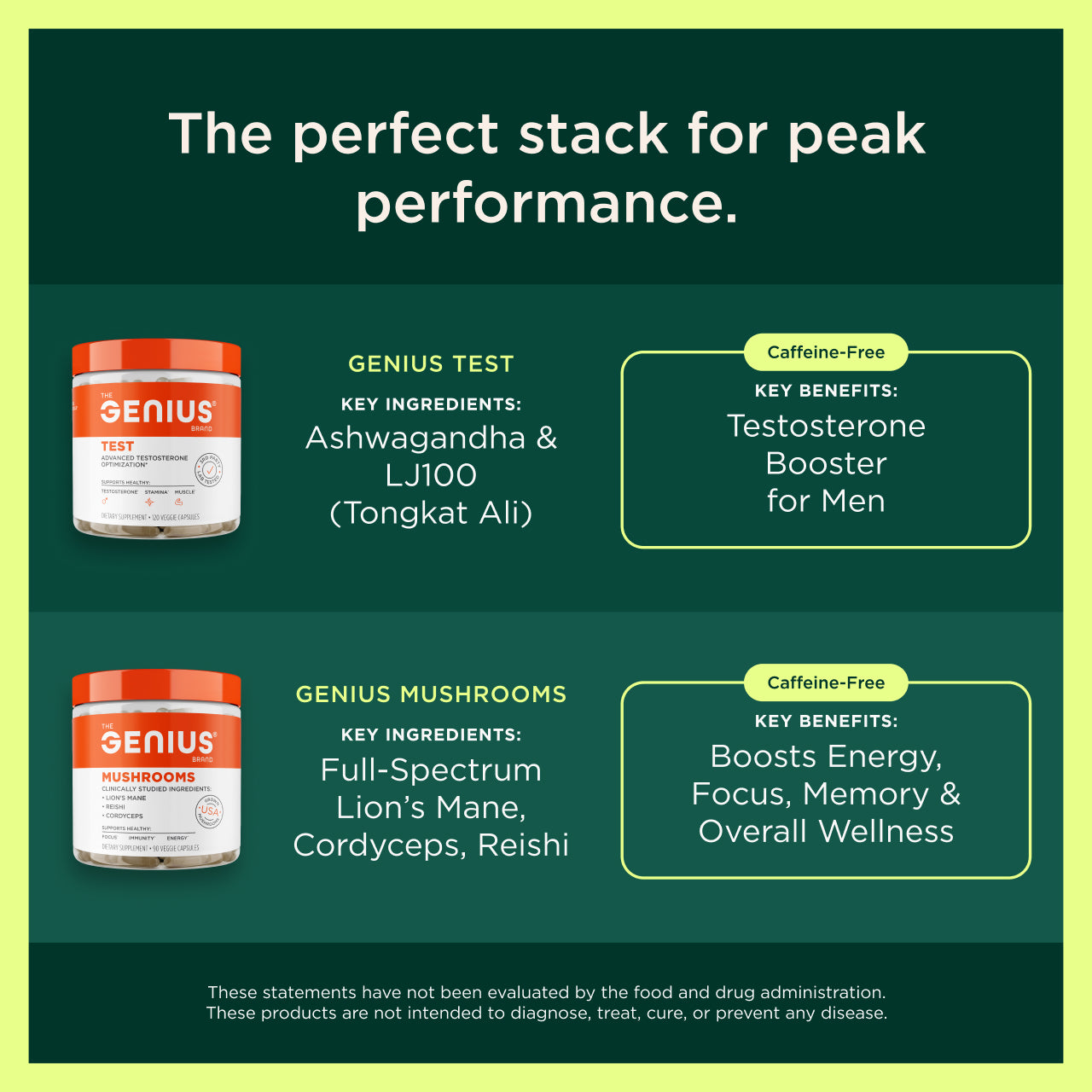 Advertisement for Genius Test and Genius Mushrooms supplements on a green background