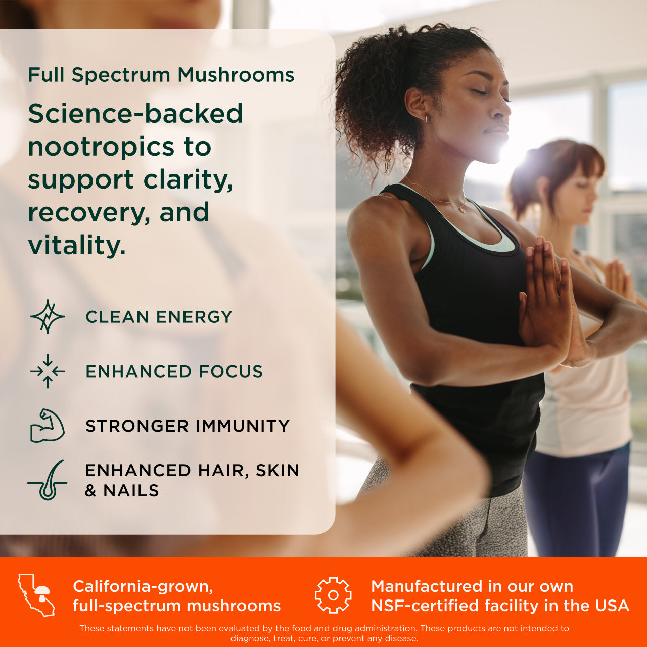 Woman practicing yoga with text about full spectrum mushrooms and their benefits.