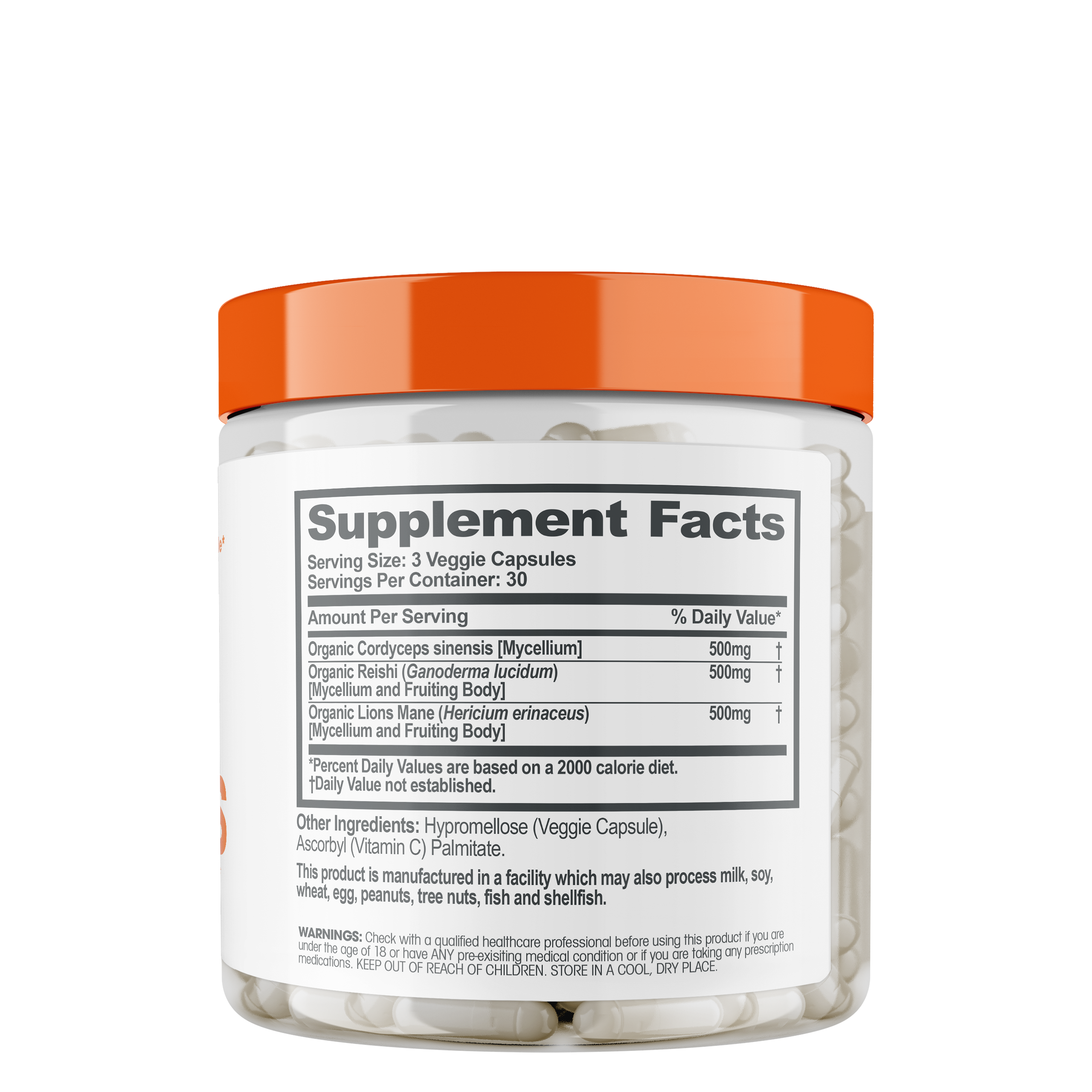 Back of bottle of Genius Mushroom Capsules